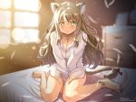  1girl animal_ears ankleband barefoot between_thighs breasts brown_hair cat_ears cat_tail cleavage collar dress_shirt feathers highres kimura_shigetaka long_hair original ribbon shirt sitting solo tail tail_ribbon wariza yellow_eyes 