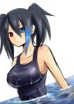  1girl armpits black_hair blue_eyes blush breasts heterochromia large_breasts looking_at_viewer glasses_man multicolored_hair one-piece_swimsuit red_eyes sketch solo swimsuit twintails utau yokune_ruko 