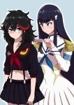  2girls black_hair blue_background blue_eyes blush collarbone commentary_request cowboy_shot eyebrows gimanyu hair_brush hair_brushing highres junketsu kill_la_kill kiryuuin_satsuki long_hair looking_at_another matoi_ryuuko messy_hair multicolored_hair multiple_girls navel neckerchief outline pleated_skirt school_uniform senketsu serafuku short_hair simple_background skirt stomach suspenders thick_eyebrows two-tone_hair 