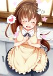  1girl apron blush breasts brown_hair closed_eyes drinking_glass highres igakusei long_hair looking_at_viewer open_mouth petting plate ponytail shirt skirt smile solo taneshima_popura very_long_hair waitress working!! 