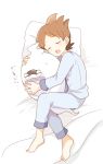  1boy amano_keita barefoot blush brown_hair closed_eyes ghost hug mei_(maysroom) pajamas purple_lips short_hair sleeping whisper_(youkai_watch) youkai youkai_watch 