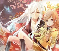  animal_ears brown_eyes brown_hair fox_ears japanese_clothes kamisama_hajimemashita kimono momozono_nanami school_uniform silver_hair tomoe_(kamisama_hajimemashita) 