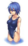  1girl blue_eyes blue_hair competition_swimsuit highleg highleg_swimsuit highres katagiri_(a1466502) one-piece_swimsuit original short_hair smile standing swimsuit 