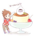  1boy amano_keita blueberry boots brown_eyes brown_hair cherry chibi food fruit ghost heart hooded_jacket jacket looking_at_viewer lowres mei_(maysroom) miniboy open_clothes open_jacket pudding purple_lips red_jacket shirt short_hair smile spoon whisper_(youkai_watch) white_background yellow_shirt youkai youkai_watch 