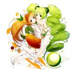  2girls ball barefoot beachball bikini breasts cheerleader cleavage cookie_run drill_hair food_themed_clothes green_bikini green_eyes green_hair highres holding_hands lepoule_(kmjh90) lime_cookie long_hair looking_at_viewer multiple_girls orange_cookie orange_eyes orange_hair orange_skirt skirt sleeveless smile swimsuit twin_drills very_long_hair 