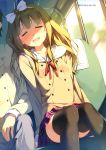  1girl absurdres azuki_azusa blonde_hair blush bow drooling green_eyes hair_bow hentai_ouji_to_warawanai_neko. highres kantoku long_hair open_mouth school_uniform sleeping thigh-highs 