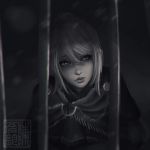  1girl anastacia_of_astora cape clockwork-cadaver dark_souls greyscale hair_between_eyes lips long_hair looking_to_the_side monochrome ponytail prison sitting souls_(from_software) 