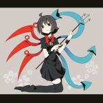  1girl ahoge armband asymmetrical_wings bandages black_hair black_legwear bow dress head_tilt holding_weapon houjuu_nue kneeling kozakura_(dictionary) letterboxed looking_at_viewer polearm red_eyes short_hair solo thigh-highs touhou trident weapon wings zettai_ryouiki 