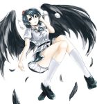  1girl belt bird_wings black_eyes black_hair blouse feathers geta hand_in_hair hat highres kneehighs knees_together_feet_apart kz_nagomiya leaning_back loafers looking_at_viewer parted_lips pom_pom_(clothes) ribbon shameimaru_aya shoes short_hair short_sleeves simple_background skirt solo tengu-geta tokin_hat touhou white_background white_legwear wings 