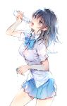  1girl black_hair blue_eyes blush breasts long_hair nardack open_mouth original ramune school_uniform see-through simple_background sketch skirt solo twitter_username wet wet_clothes white_background 