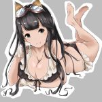  1girl animal_ears ass bikini black_bikini black_eyes black_hair breasts cleavage front-tie_top gloves goggles goggles_on_head granblue_fantasy highres jessica_(granblue_fantasy) large_breasts long_hair looking_at_viewer lying minikon on_stomach smile solo swimsuit white_gloves 