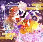  1boy 1girl animal_ears blush brown_eyes brown_hair butterfly chaperu_(mukuone) couple flower fox_ears hair_flower hair_ornament japanese_clothes kamisama_hajimemashita kimono long_fingernails momozono_nanami open_mouth silver_hair smile tomoe_(kamisama_hajimemashita) 