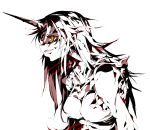 1girl alabaster_(artist) brown clenched_teeth from_side horn hoshiguma_yuugi long_hair looking_away monochrome muscle orange_eyes profile sleeveless solo spot_color torn_clothes touhou upper_body white 