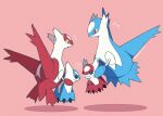 :o claws commentary_request floating flying_sweatdrops from_side highres holding kotone11152 latias latios mimikyu no_humans notice_lines pink_background pokemon pokemon_(creature) red_eyes shared_speech_bubble speech_bubble twitter_username yellow_eyes 
