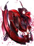  1girl ammunition_belt arm_up boots brown_legwear cape cross-laced_footwear dress grey_eyes highres lain long_sleeves looking_at_viewer pantyhose petals purple_dress purple_hair ruby_rose rwby scythe smile solo wide_sleeves 