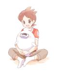  1boy ^_^ amano_keita brown_eyes brown_hair closed_eyes ghost indian_style male_focus mei_(maysroom) no_shoes open_mouth pants purple_lips red_shirt shirt short_hair sitting socks solo t-shirt watch watch whisper_(youkai_watch) white_background youkai youkai_watch 