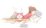  1boy amano_keita animal_ears brown_hair candy_bar cat cat_ears chocoboo food food_on_face ghost jibanyan lying mei_(maysroom) multiple_tails no_shoes notched_ear on_stomach open_mouth reading red_shirt shirt short_hair socks t-shirt tail two_tails whisper_(youkai_watch) white_background youkai youkai_watch zzz 