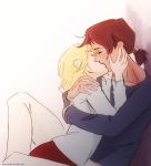  2girls blonde_hair brown_hair christa_renz closed_eyes couple freckles hand_on_another&#039;s_cheek hand_on_another&#039;s_face highres holding hug kiss multiple_girls ponytail shingeki_no_kyojin short_hair side surimistick ymir_(shingeki_no_kyojin) yuri 