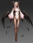  bare_legs demon_girl feathers highres horns nabe_(crow&#039;s_head) nabe_(crow's_head) pointy_ears purple_eyes violet_eyes white_hair wings 