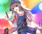  bad_id bag blue_eyes boots brown_hair colorful hase_neet hat moon overalls paintbrush star striped 