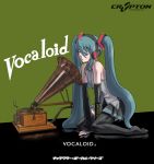  aqua_hair fine_art_parody hatsune_miku hirabaru_kenji his_master&#039;s_voice his_master's_voice long_hair parody phonograph rca solo squat squatting thigh-highs thighhighs twintails very_long_hair vocaloid 