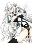  blue_eyes breasts elf fantasy female grey_hair large_breasts long_hair lying nakaba_reimei on_back pointy_ears sharuniini simple_background solo thigh-highs thighhighs very_long_hair white_hair 