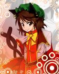  bow brown_eyes brown_hair cat_ears cat_tail chen earrings gloves hat highres jewelry multiple_tails notsuru ribbon short_hair solo tail touhou zoom_layer 