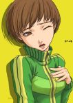  brown_hair hand_on_chest hand_on_own_chest open_mouth persona persona_4 satonaka_chie short_hair solo tama_(pixiv69870) 