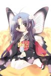  blue_hair butterfly_wings clog_sandals flower japanese_clothes kimono long_hair original straw thigh-highs thighhighs wings 