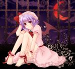  ankle_garter anklet bad_id barefoot bat_wings blush crescent_moon dress feet flower hat jewelry lavender_hair love-moon moon night night_sky purple_hair red_eyes red_moon remilia_scarlet short_hair sitting sky smile solo touhou wings wrist_cuffs 