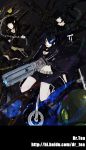 arm_cannon bangs belt bikini_top black_hair black_rock_shooter black_rock_shooter_(character) blue_eyes boots chain chains choker coat crown dead_master dragon dragon_slayer dress flat_chest front-tie_top gloves glowing glowing_eyes gothic gun hair_over_one_eye hood hooded_jacket jacket katana knee_boots long_hair midriff motor_vehicle motorcycle multiple_girls navel pale_skin pantyhose red_eyes shorts skull smile star sword thighhighs twintails uneven_twintails vehicle very_long_hair watermark weapon yellow_eyes zipper 