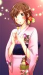  1girl amagami brown_hair hair_ornament japanese_clothes kimono kinchaku sakurai_rihoko short_hair solo takoyaki yacchi yukata 