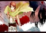  1boy belt blood brown_hair cape eren_jaeger green_eyes highres jacket muscle risaayu rogue_titan shingeki_no_kyojin short_hair spoilers teeth thigh_strap 