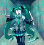  creepy detached_sleeves drooling empty_eyes hatsune_miku headphones headset long_hair masao necktie onion open_mouth outstretched_arms outstretched_hand parody saliva skirt sleeveless_shirt solo spring_onion thigh-highs thighhighs translated translation_request twintails very_long_hair vocaloid zombie 