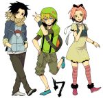  casual child dress haruno_sakura i_(kaiyou) kneehighs legs naruto plaid plaid_scarf scarf socks striped striped_kneehighs team7 thighhighs tongue uchiha_sasuke uzumaki_naruto 