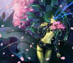  black_rock_shooter black_rock_shooter_(character) blue_eyes cherry_blossoms gene_(pixiv) glowing glowing_eyes green_hair long_hair petals scar shorts solo twintails 
