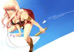  armband bad_id bare_shoulders blonde_hair boots bra breasts cleavage earrings high_heels highres jewelry katase_waka lingerie long_hair macross macross_frontier necklace sheryl_nome shoes side_slit skirt solo sports_bra underwear 