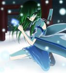  bad_id din_(artist) din_(flypaper) gohei green_hair kneeling kochiya_sanae ofuda snow touhou 