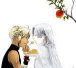  1girl apple aqua_eyes chris_lightfellow closed_eyes couple dark_skin eating food fruit gensou_suikoden gensou_suikoden_iii hugo katsura_(+araka) long_hair pale_skin pie silver_hair suikoden suikoden_iii 