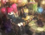  boots checkered checkered_floor chess couch globe harepore hat long_hair marie_&amp;_gali marika_(marie_&amp;_gali) mini_top_hat pet_(marie_&amp;_gali) pink_eyes pink_hair speaker telescope top_hat twintails typewriter 