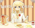  blonde_hair blue_eyes blush_stickers butter chair eating flower food kuma_(persona_4) persona persona_4 rose shirt waffle 
