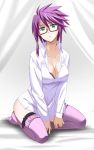  breasts cleavage glasses green_eyes inue_shinsuke kneeling lingerie purple_hair shirt thigh-highs thighhighs underwear 