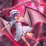  bad_feet barefoot bat_wings blue_hair chain dhand full_moon hands hat moon outstretched_arm outstretched_hand reaching red_eyes red_moon remilia_scarlet touhou wings 