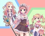  atelier_(series) atelier_rorona blonde_hair blue_eyes breasts brown_dress cat cleavage cuderia_von_feuerbach dress flat_chest green_eyes hair_ornament hat hinuki_marina jewelry large_breasts lionela_heinze midriff multiple_girls one_side_up pendant red_hair ribbon rororina_fryxell staff twintails 