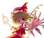  aozora_market blonde_hair fang flandre_scarlet hands hat laevatein outstretched_arm outstretched_hand reaching red_eyes side_ponytail touhou wings 