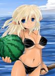  bikini blonde_hair blue_eyes chikuwa_(pixiv130769) clouds food fruit pointy_ears stick suikawari swimsuit water watermelon 