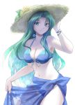  armpits bare_shoulders bikini bracelet breasts cleavage flower front-tie_top green_eyes hashiyamoto hat jewelry large_breasts long_hair mima navel sarong smile solo straw_hat sunflower swimsuit touhou touhou_(pc-98) 