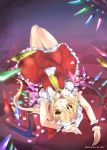  blonde_hair dress flandre_scarlet fuyouchu hat long_hair lying on_back red_eyes side_ponytail thigh_gap touhou upside-down wings wrist_cuffs 