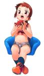  blush brown_eyes brown_hair child food fruit holding holding_fruit long_hair midriff original satou_toshiyuki shorts sitting socks 