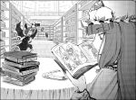  aozora_market bangs blunt_bangs book falling hat head_wings koakuma library manga_(object) monochrome multiple_girls patchouli_knowledge perspective reading touhou voile 